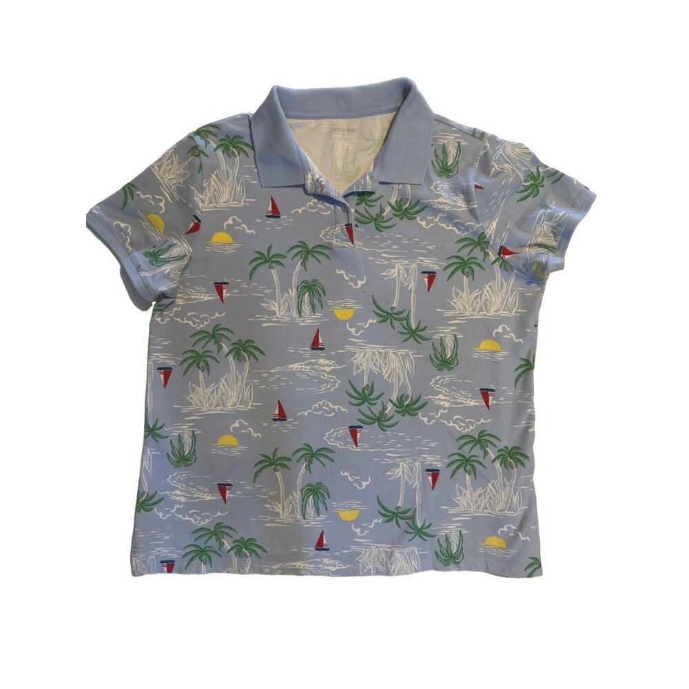 Lands End Wome Island Tiki Print Polo Tee Shirt Size XL Coastal Hawaiian Beach